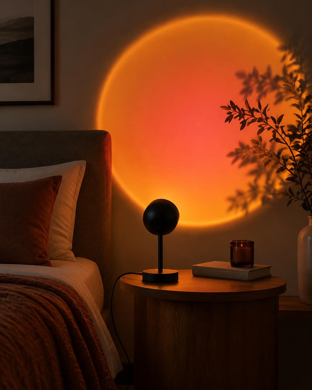 Sunset lamp glowing in a cozy bedroom